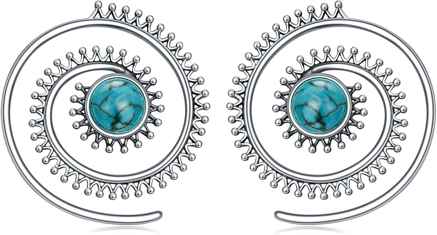 925 Sterling Silver Round Genuine Turquoise Vintage Native American Hoop Earrings-0-0