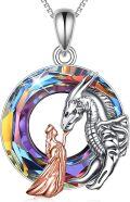 wholesale 925 Sterling Silver Rainbow Crystal Dragon & Princess Pendant Necklace for Women-0-0