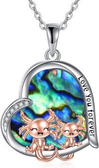 wholesale 925 Sterling Silver Abalone Shell Heart Pendant Necklace with Two Cute Axolotls - Love You Forever-two cute abalone shell axolotl