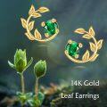 wholesale 14K Gold Emerald Green CZ Leaves Stud Earrings for Women-0-4