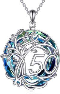 wholesale 925 Sterling Silver Round Blue Crystal 50th Anniversary Tree of Life Necklace for Women and Men-50th
