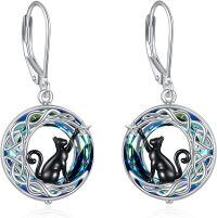 wholesale 925 Sterling Silver Moon Cat Earrings w/ Blue & Green Swarovski Crystals Leverback  for Her-Black Moon Cat Blue Crystal