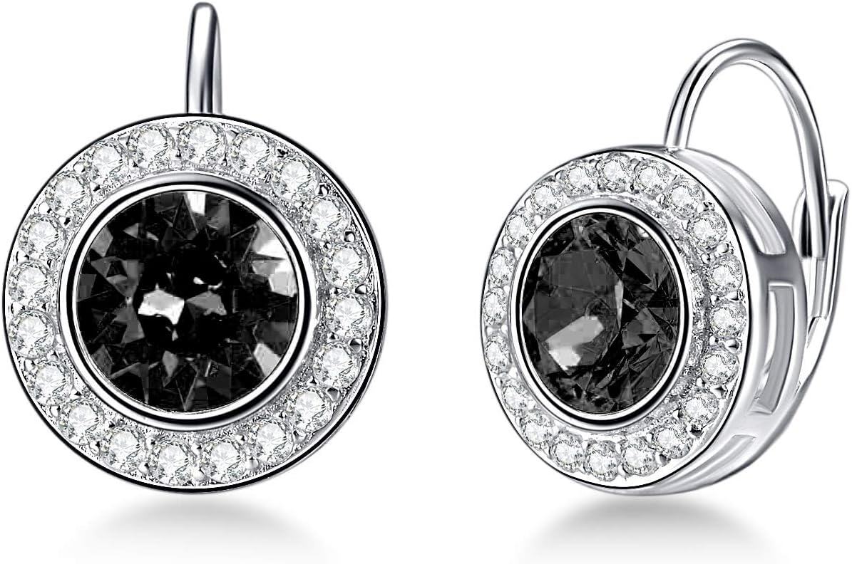 Sterling Silver Austria Crystal Halo Leverback Earrings Birthday Gifts for Women-Black