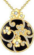 wholesale 925 Sterling Silver Black Onyx Flower Round Pendant Necklace with CZ Stones and Gold Plating-0-0