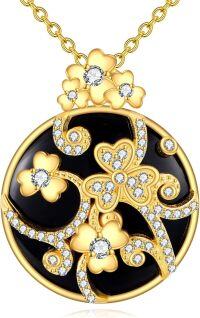 wholesale 925 Sterling Silver Black Onyx Flower Round Pendant Necklace with CZ Stones and Gold Plating-Three Leaf Clover-2