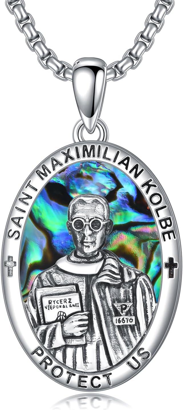 wholesale 925 Sterling Silver Saint Maximilian Kolbe Protect Us Medal Pendant Necklace with Stainless Steel Chain with Abalone Shell and Crosses-0-0