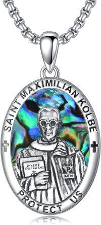 wholesale 925 Sterling Silver Saint Maximilian Kolbe Protect Us Medal Pendant Necklace  with Abalone Shell and Crosses-St Maximilian Kolbe