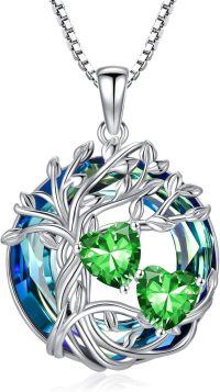 wholesale 18K White Gold Filled Sterling Silver Family Tree Pendant with 2 Heart Birthstones Blue Austrian Crystal Necklace for Women-05-05-May-May Birthstone
