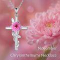 wholesale 925 Sterling Silver Pink Carnation Floral Cross Pendant Necklaces for Women Birthstone s-0-4