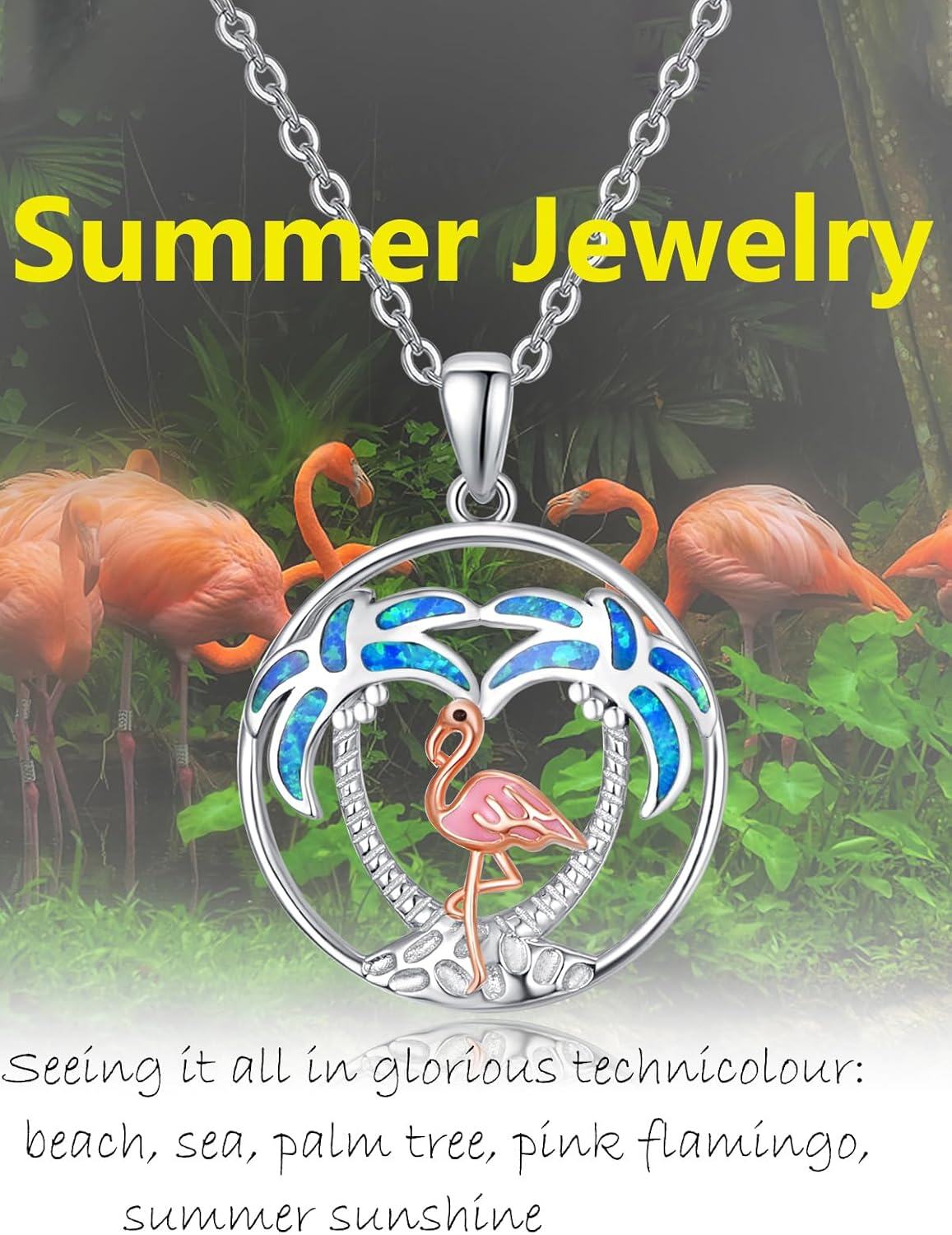 Sterling Silver Opal Pink Flamingo Pendant Necklace Palm Tree Jewelry-0-4