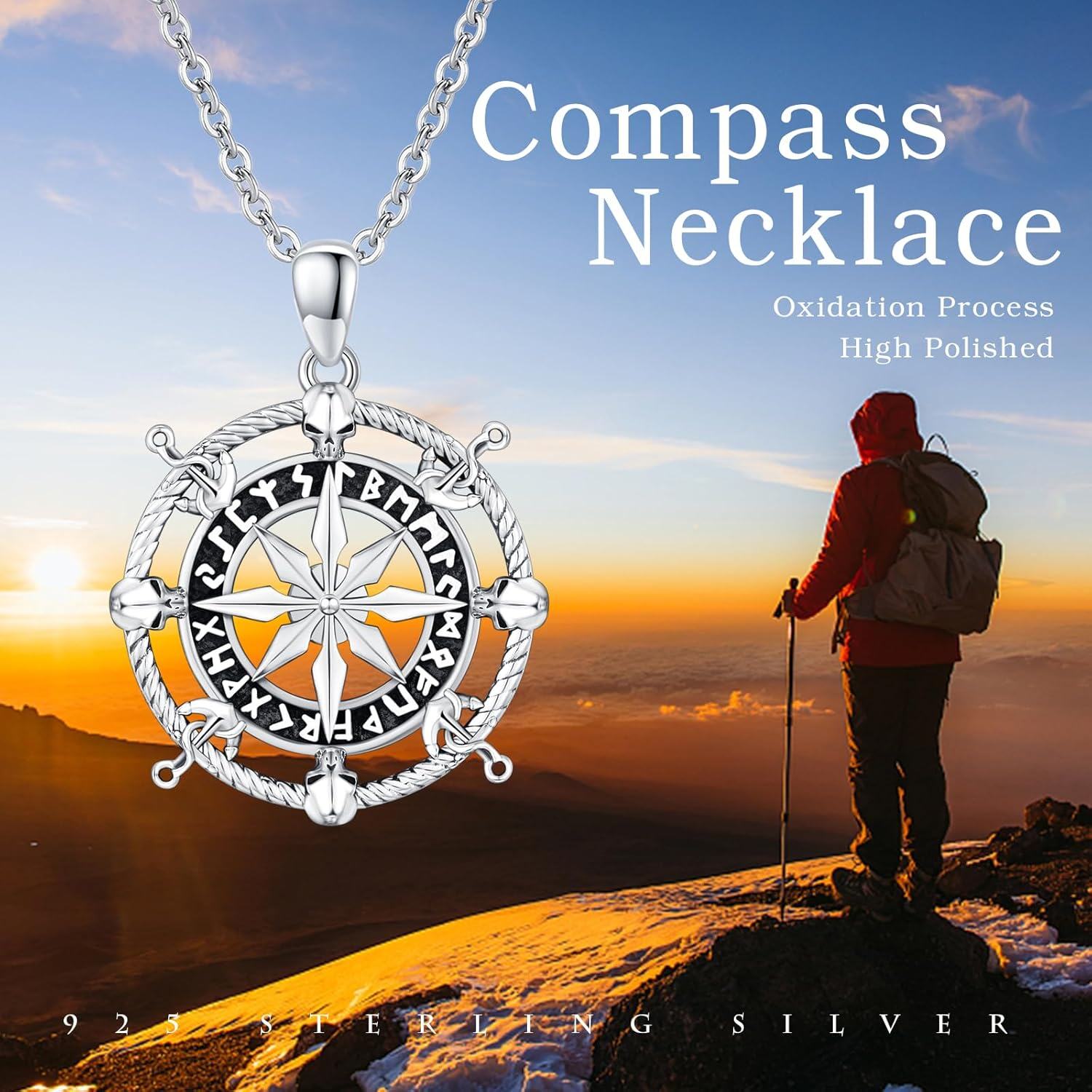 wholesale 925 Sterling Silver Vintage Skull Compass Pendant Necklace s for Women and Men-0-3