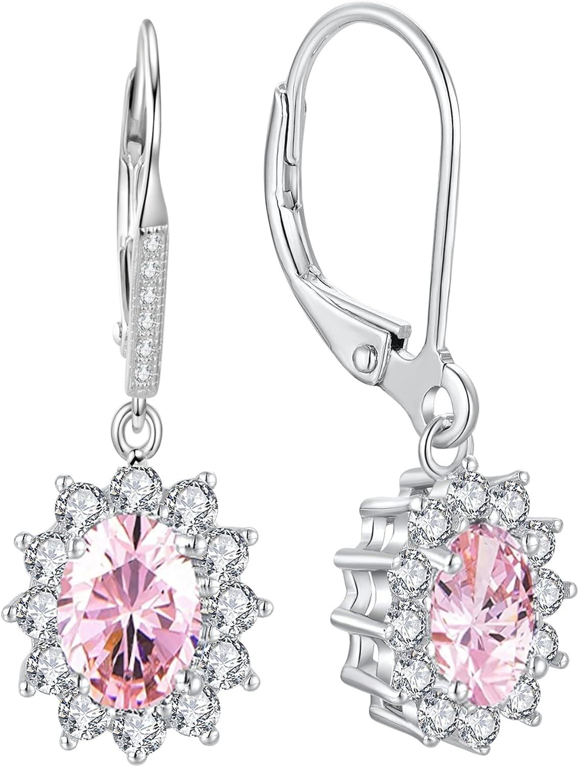 wholesale 925 Sterling Silver Oval Cut Birthstone Dangle Leverback Earrings for Women Mom-Pink Earrings for Women