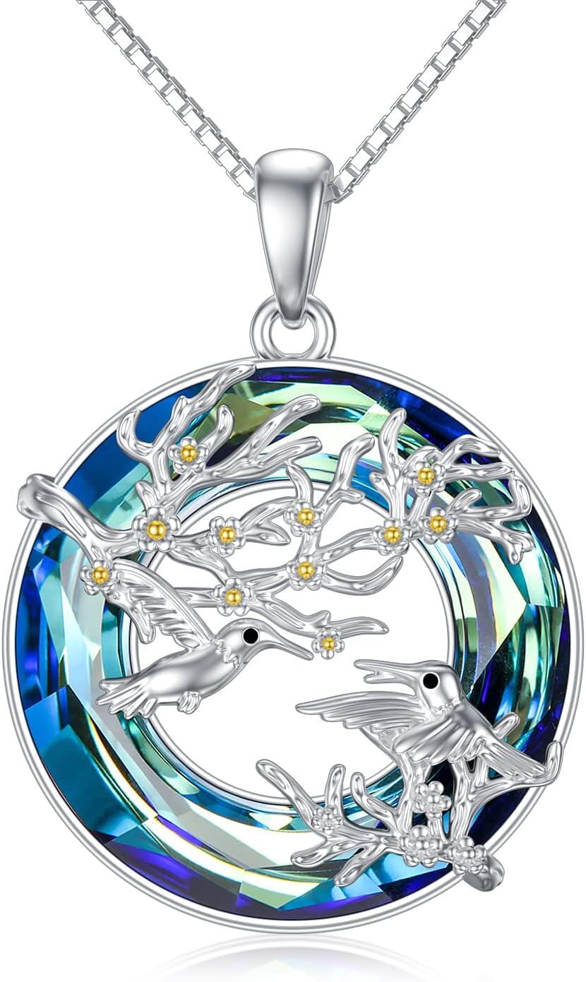 925 Sterling Silver Blue Crystal Hummingbird Tree Branches Pendant Necklace for Women-0-0
