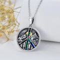 wholesale 925 Sterling Silver Round Pendant with Wolf and Pine Tree Design - Abalone Shell Inlay Peace Symbol Necklace-0-5