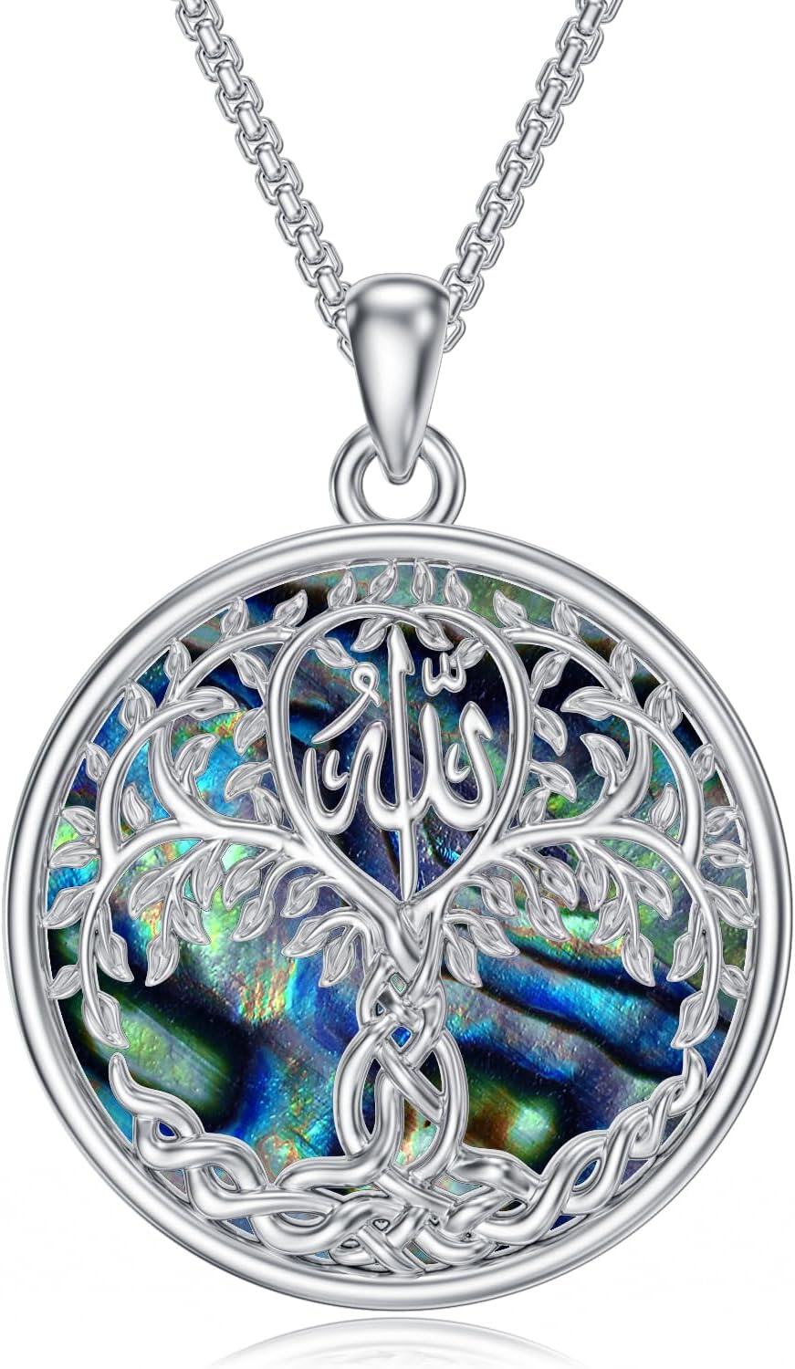 wholesale 925 Sterling Silver Tree of Life Round Pendant with Abalone Shell Inlay and Arabic Calligraphy for Men Women - Islamic Muslim s-0-0