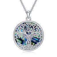 wholesale 925 Sterling Silver Tree of Life Round Pendant with Abalone Shell Inlay and Arabic Calligraphy for Men Women - Islamic Muslim s-Allah