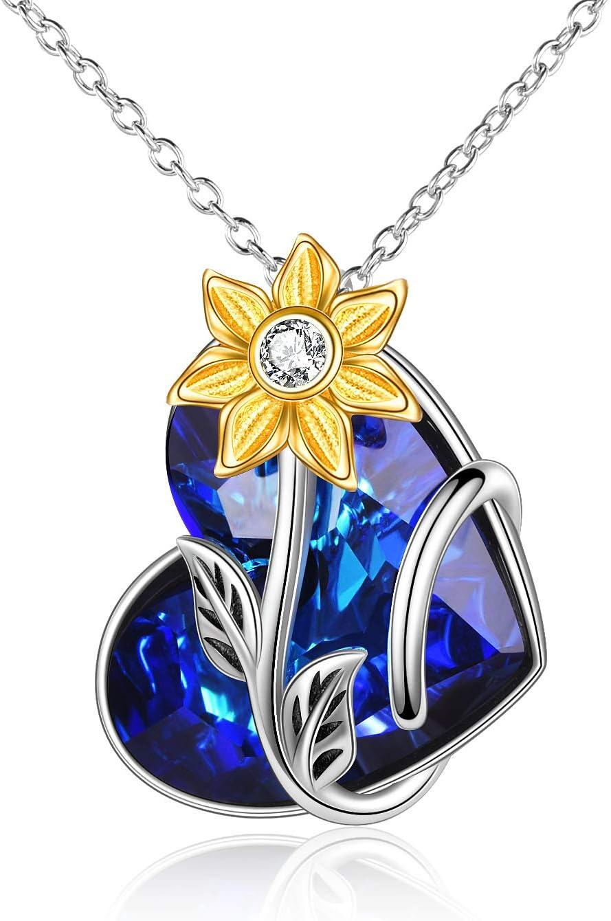 Sterling Silver Blue Crystal Heart Pendant Necklace for Wife Girlfriend-Sunflower necklace