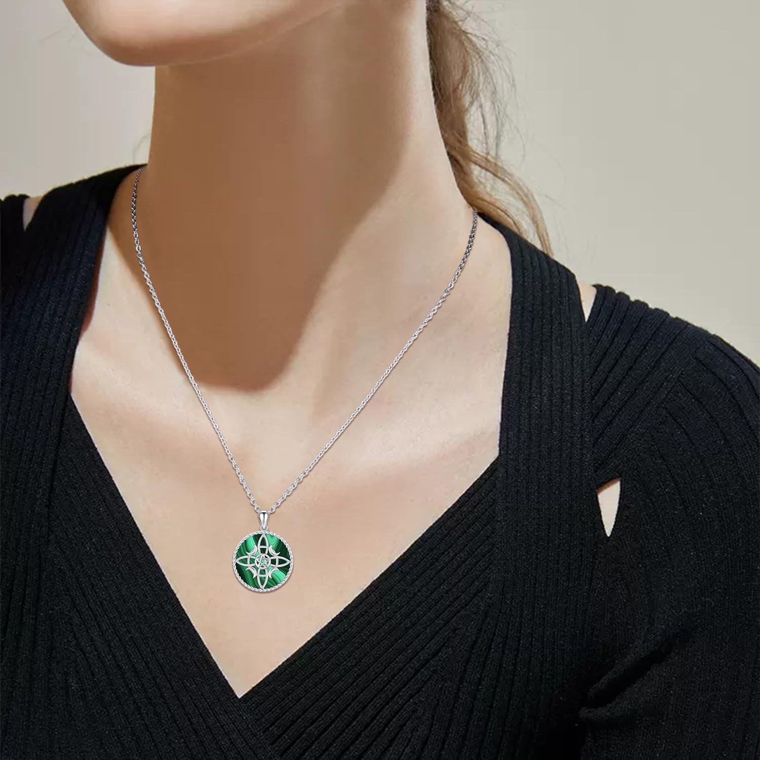 925 Sterling Silver Celtic Pentagram Green Malachite Pendant Necklace-0-2