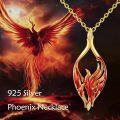 wholesale Gold 925 Sterling Silver Phoenix Necklace with Red Enamel and Cubic Zirconia - Risen Firebird Pendant  for Mothers & Girls on Mother's Day-0-5