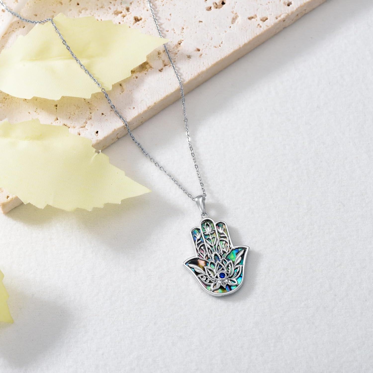 Sterling Silver Abalone Shell Hamsa Hand Necklace Filigree Lotus Gift-0-4