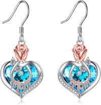 wholesale  Sterling Silver Crystal Mom Earrings Rose Flower Love Heart Dangle Drop Hook -12 Dec-Mom Earrings with Heart Crystal