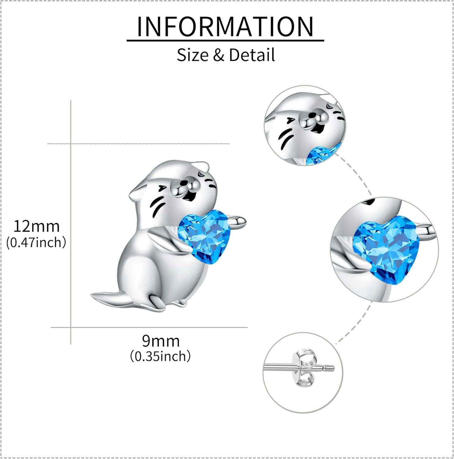 925 Sterling Silver Otter Heart Blue Crystal Stud Earrings for Women-0-3