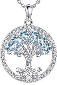 wholesale 925 Sterling Silver Birthstones Tree of Life Necklace for Women Anniversary Birthday Christmas Wedding Jewelry for Wife Sister-03-Mar-Aquamarine