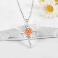 wholesale 925 Sterling Silver Floral Cross Pendant w/ Orange Carnation & White Lily Birthstone Necklaces for Women-0-2