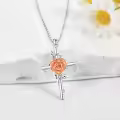wholesale 925 Sterling Silver Floral Cross Pendant w/ Orange Carnation & White Lily Birthstone Necklaces Wholesale for Women-0-2