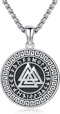 wholesale 925 Sterling Silver Valknut Norse Symbol Pendant Necklace with Rune Circle and Greek Key Design-B-Viking