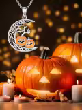 wholesale 925 Sterling Silver Crescent Moon with Pumpkins and Bats Pendant Necklace - Halloween s for Women-0-5