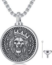 wholesale 925 Sterling Silver Round Lion Head Cremation Ashes Keepsake Pendant Necklace with Funnel and Fill Tool - Personalized Engraving Available-Oxidized Silver