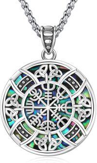 wholesale 925 Sterling Silver Round Celtic Knot & Vegvisir Pendant with Abalone Shell Inlay Chain Necklace s for Men and Women-Celtic Cross Viking Necklace-Silver 04