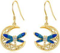 wholesale 925 Sterling Silver Blue Enamel Dragonfly Moon Drop Earrings Irish  for Women Girls-Gold