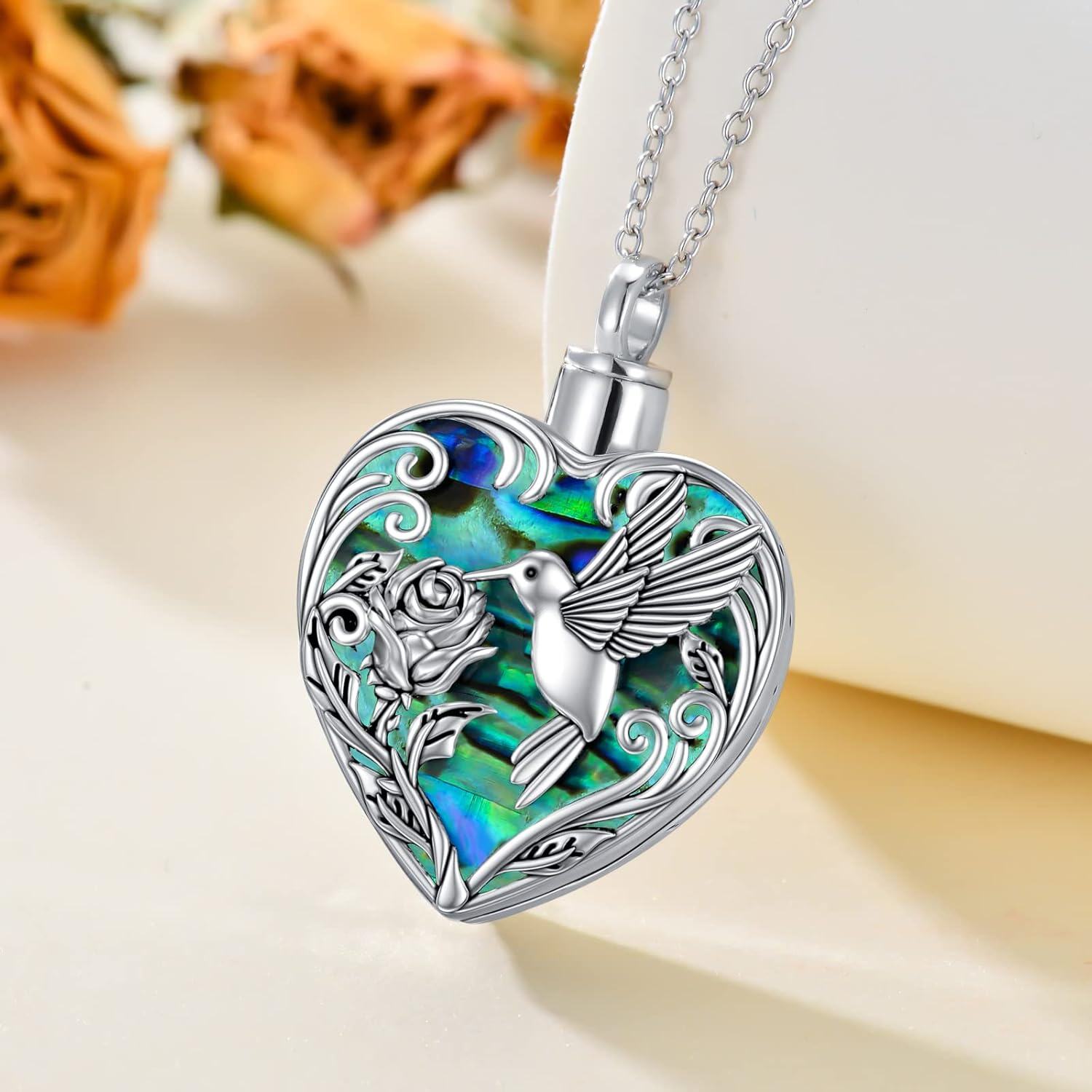  Sterling Silver Heart Hummingbird Urn Necklace for Ashes Memorial Keepsake -0-2