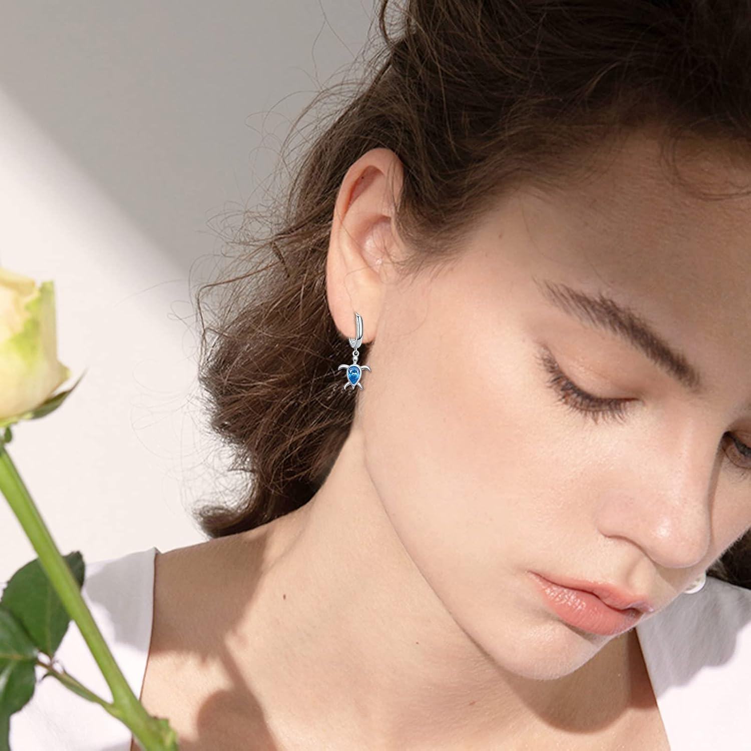 wholesale 925 Sterling Silver Blue Crystal Sea Turtle Huggie Hoop Earrings Oceanic Gift for Her-0-2