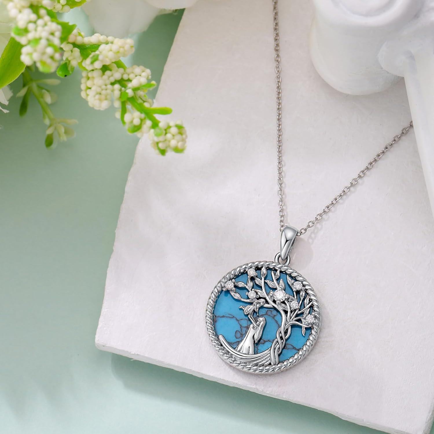 925 Sterling Silver Turquoise and Diamond Tree of Life Pendant Necklace for Women's Mothers' Day Gift-0-3