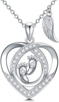 wholesale 925 Sterling Silver Angel Wing & Baby Feet Pendant Necklace for Pregnant Mothers and New Moms-Angel Heart wing