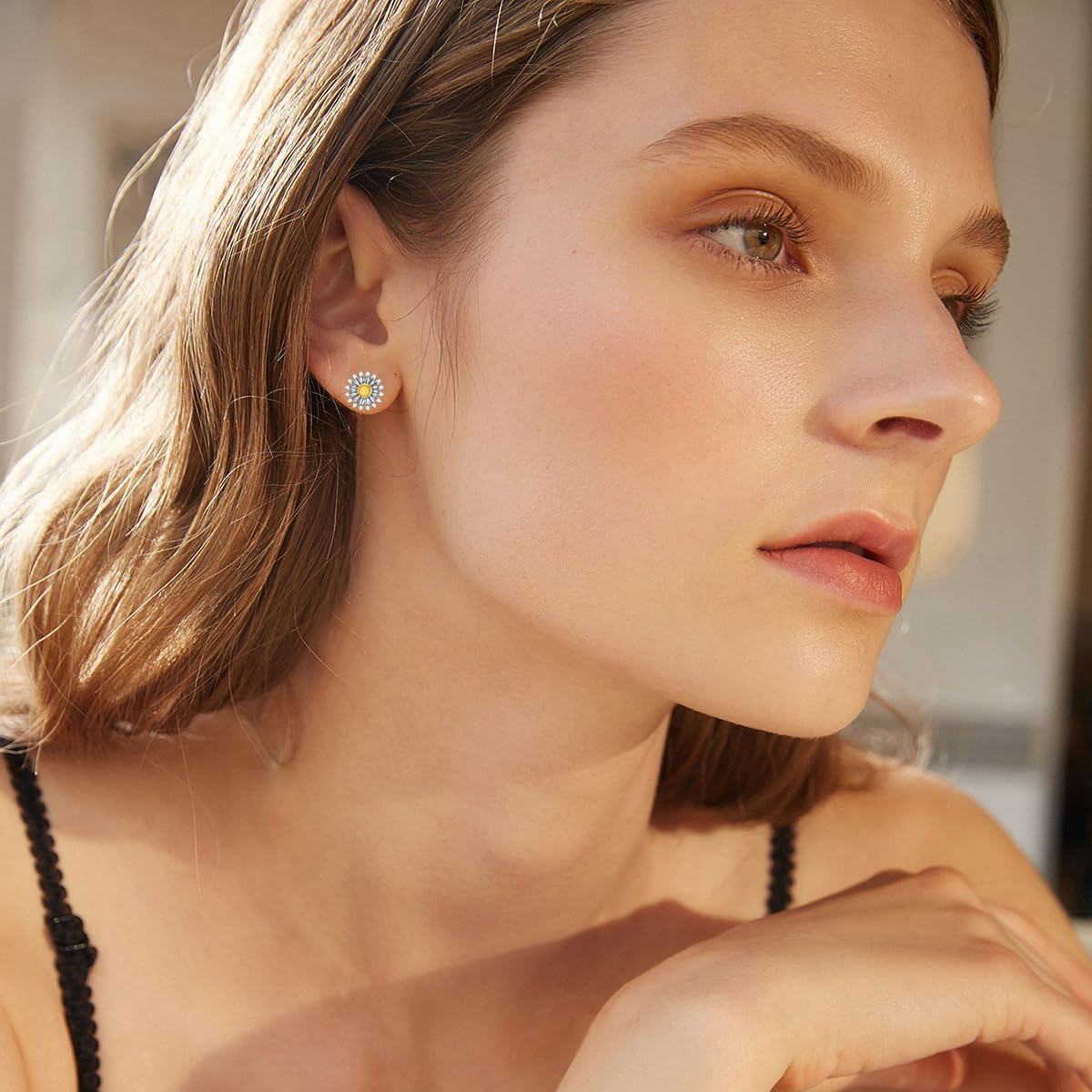 Sterling Silver Crystal Sunflower Stud Earrings Two Tone You Are My Sunshine Gift for Women Mom-0-3