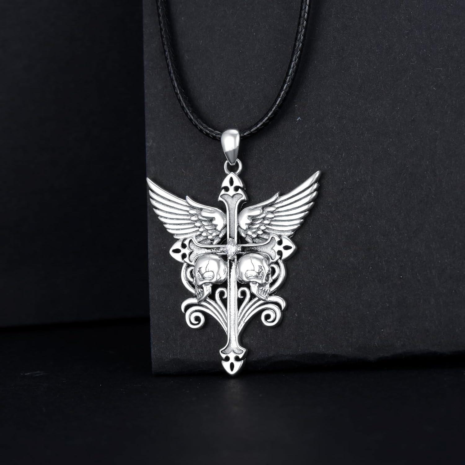 925 Sterling Silver Gothic Skull Wings Cross Pendant Necklace s for Men/Women-0-2