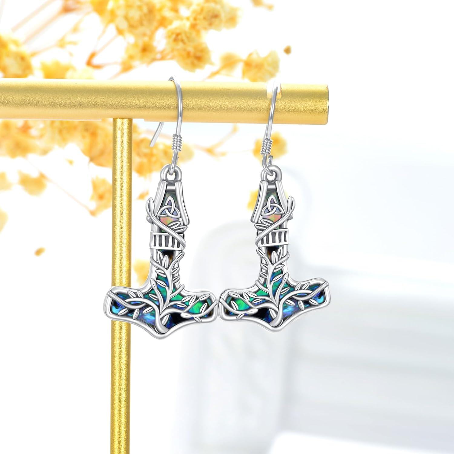 Sterling Silver Stone Viking Earrings Tree of Life Thor Hammer Compass Dangle Drop Jewelry Gifts for Women-0-1