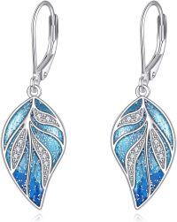wholesale 925 Sterling Silver Blue Glittery Leaves Leverback Earrings for Women - Bohemian Style Beach Accessories-Blue Leaf