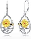 wholesale 925 Sterling Silver Teardrop Sunflower & Bee Drop Earrings-0-0