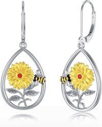 wholesale 925 Sterling Silver Teardrop Sunflower & Bee Drop Earrings-Sunflower