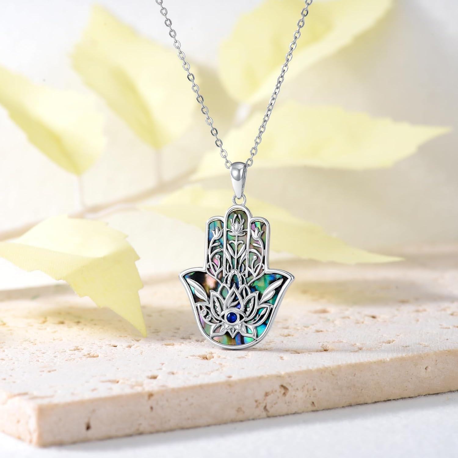Sterling Silver Abalone Shell Hamsa Hand Necklace Filigree Lotus Gift-0-3