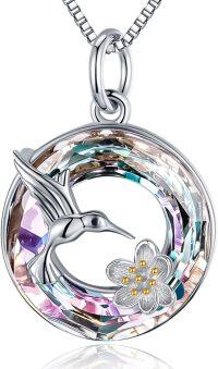 wholesale 925 Sterling Silver Rainbow Crystal Hummingbird Flower Pendant Necklace for Women-F-0.78\" Purple Crystal
