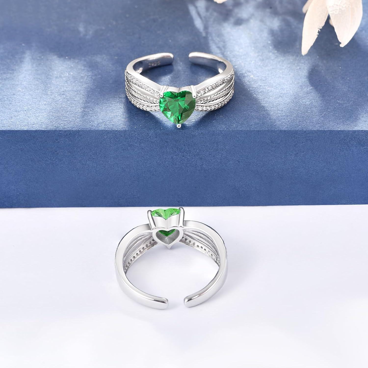 Sterling Silver CZ Heart Rings Adjustable Birthstone Jewelry Gift for Women Mom-0-3