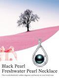 wholesale 925 Sterling Silver & White Gold-Plated Teardrop Black Freshwater Pearl Pendant Necklace with Cubic Zirconia Accents-0-2