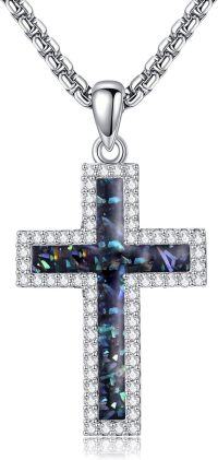 wholesale 925 Sterling Silver Abalone Shell Inlay Cubic Zirconia Cross Pendant Necklace Religious s for Women and Men-Abalone Shell
