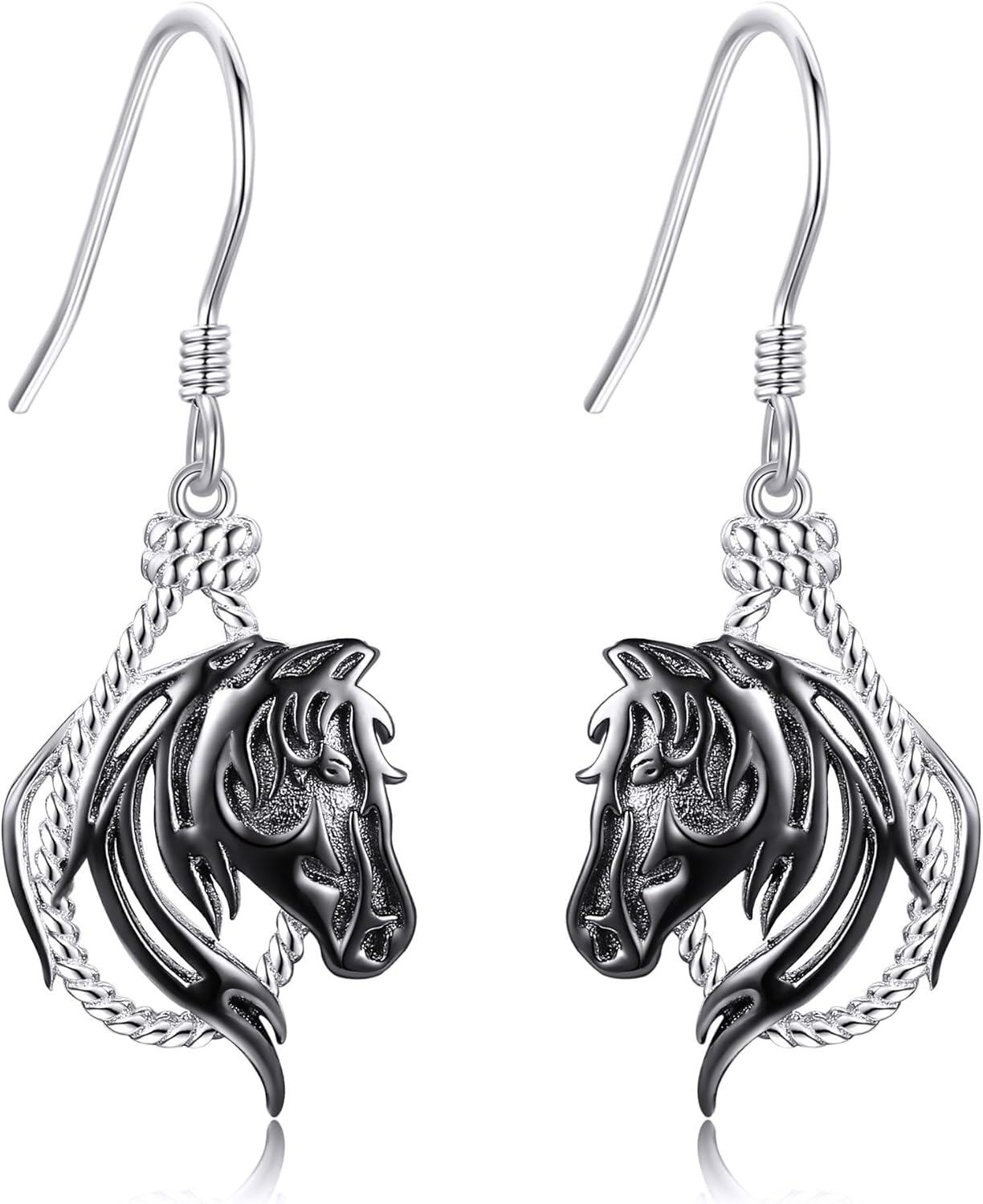 Sterling Silver Animal Earrings Horse Bee Llama Owl Jellyfish Parrot Bunny Duck Penguin Flamingo Paw Print Panda Dolphin Hummingbird for Mom-Dangle Horse-Dangle Horse